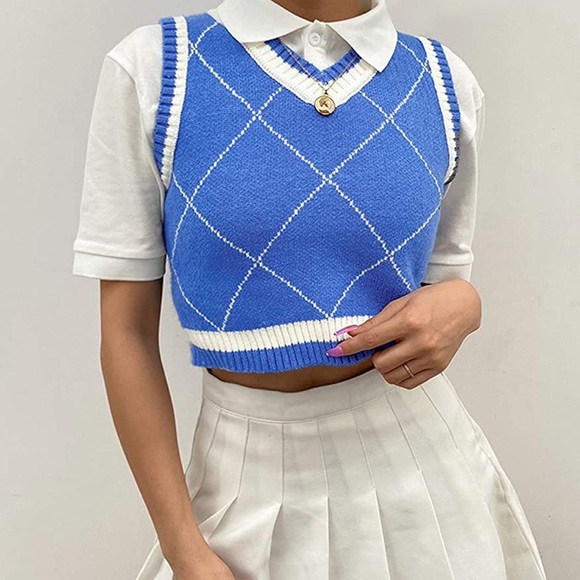 Blue white argyle cropped sweater vest mini - Picture 1 of 3